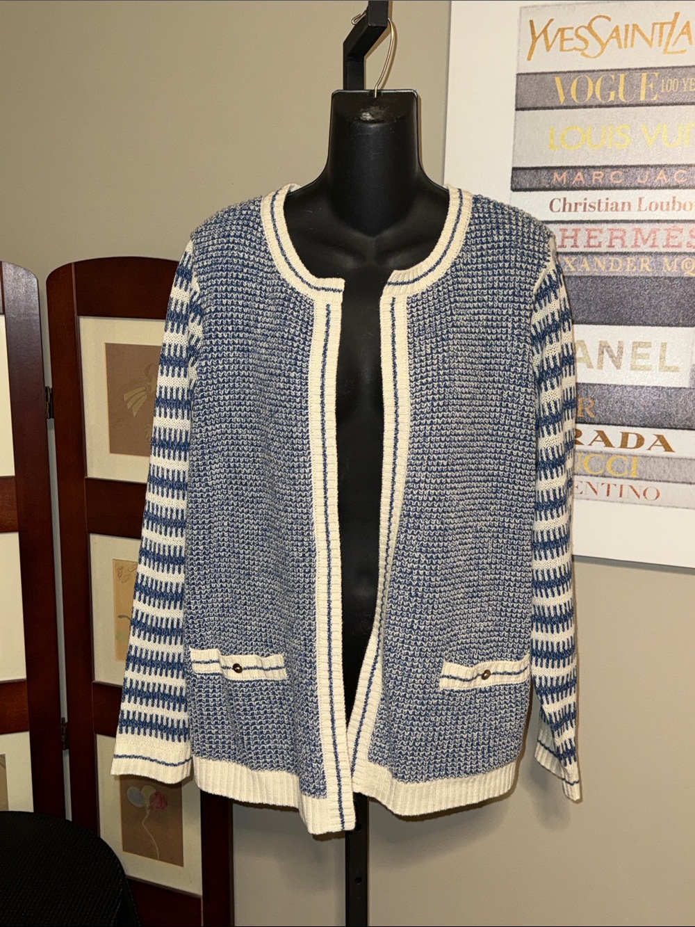 Susan Graver Blue and White Open-Front Knit Cardigan